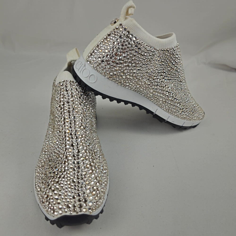 Jimmy Choo Diamond Studded Glitter Slip on Sneaker White Size US 5 EUR 35 UK 3